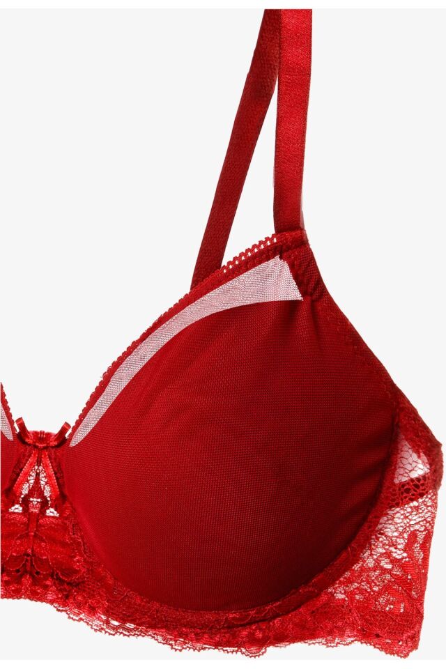 Sevgililer Günü Temalı Kadın Tül Detaylı Dolgusuz Toparlayıcı Minimizer Sütyen Kırmızı - 85B