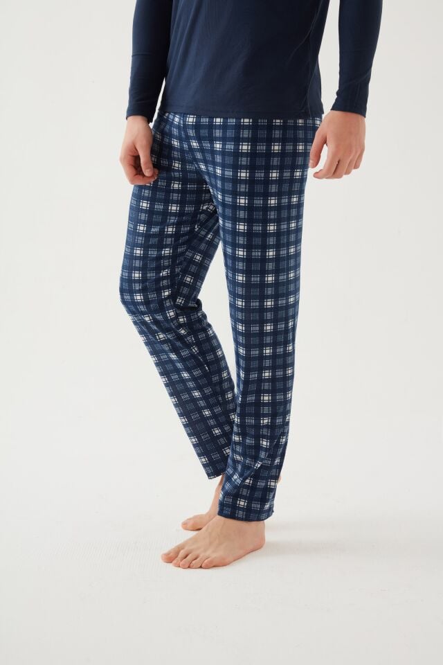 Erkek Soft Touch Uzun Kollu Alt Ekose Desenli Pijama Takımı Mavi - Beyaz - S/M