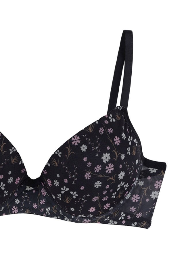 Kadın Çiçekli Destekli/Dolgulu Sütyen Takım Siyah - Mavi - 85B