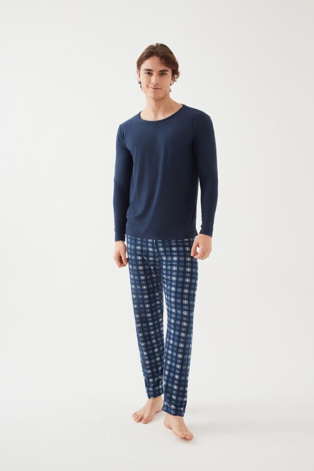 Erkek Soft Touch Uzun Kollu Alt Ekose Desenli Pijama Takımı Mavi - Beyaz - L/XL