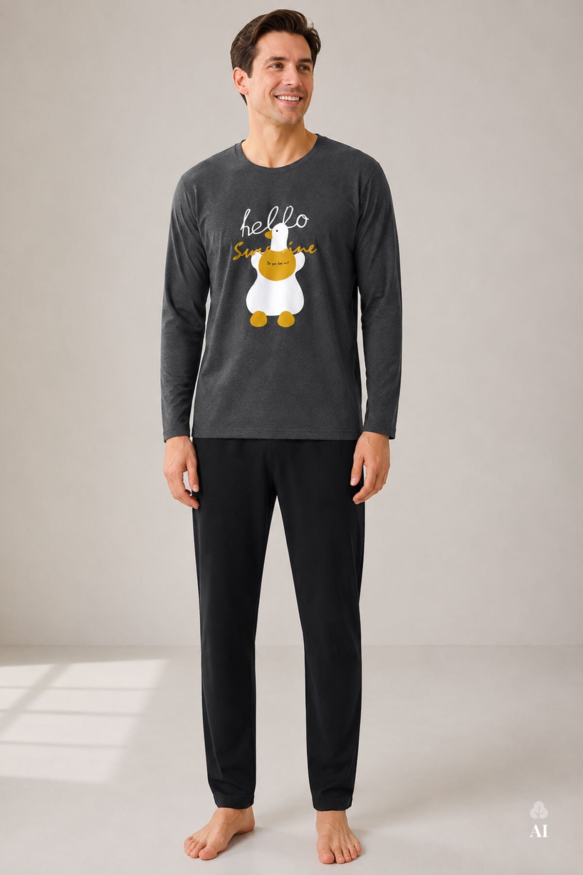 Erkek Uzun Kollu Ördek Baskılı Cepsiz Uzun Alt Pijama Takımı Füme - 2XL