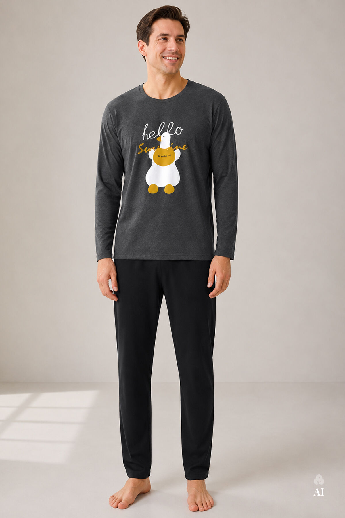 Erkek Uzun Kollu Ördek Baskılı Cepsiz Uzun Alt Pijama Takımı Füme - 2XL