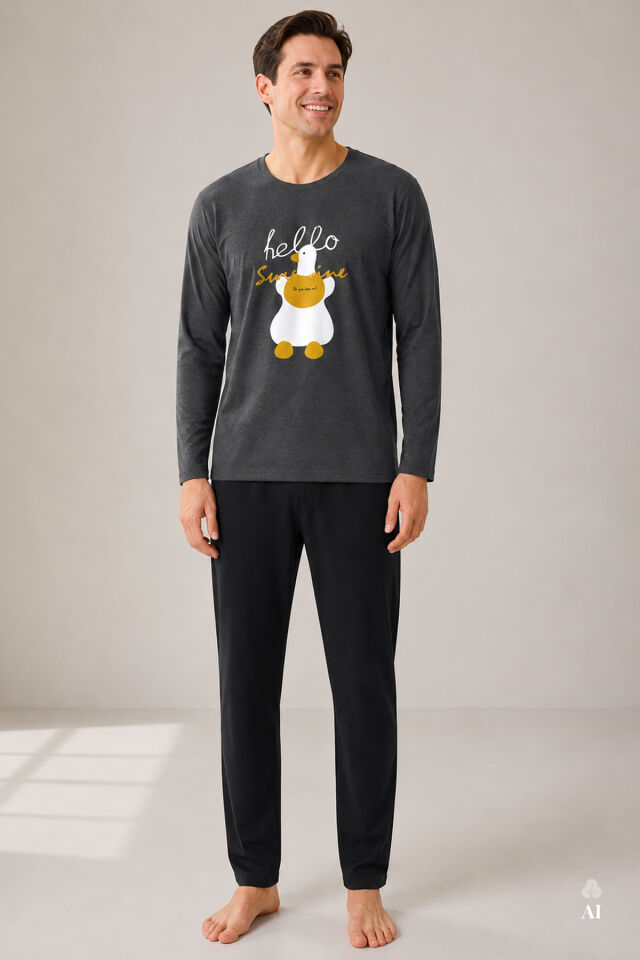 Erkek Uzun Kollu Ördek Baskılı Cepsiz Uzun Alt Pijama Takımı Füme - 2XL