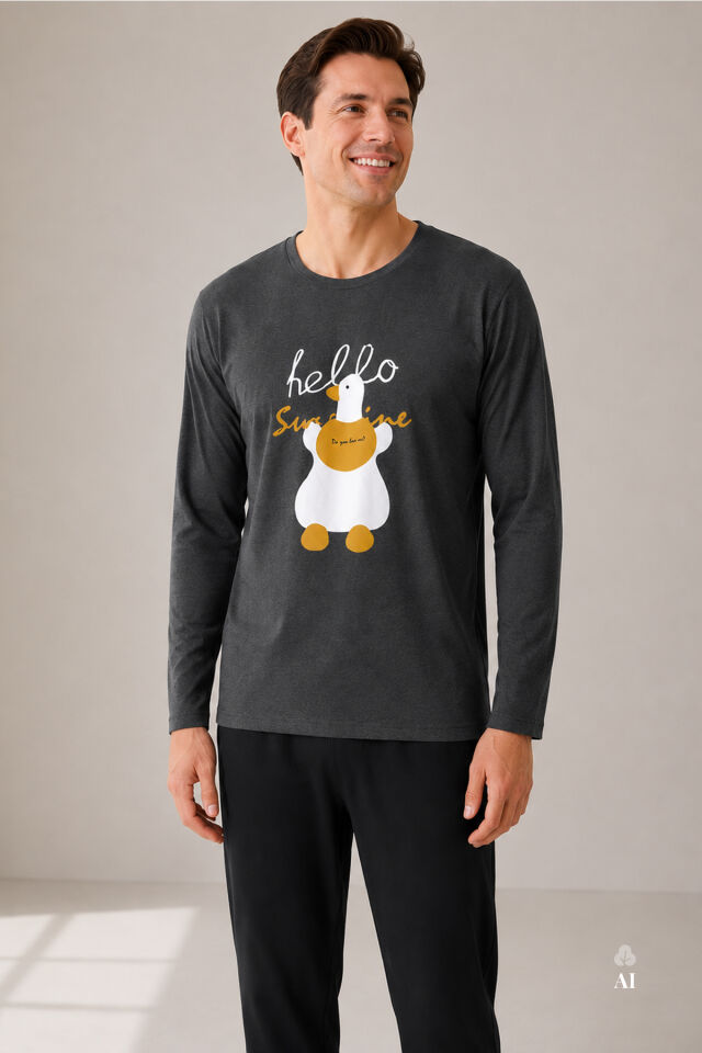 Erkek Uzun Kollu Ördek Baskılı Cepsiz Uzun Alt Pijama Takımı Füme - 2XL