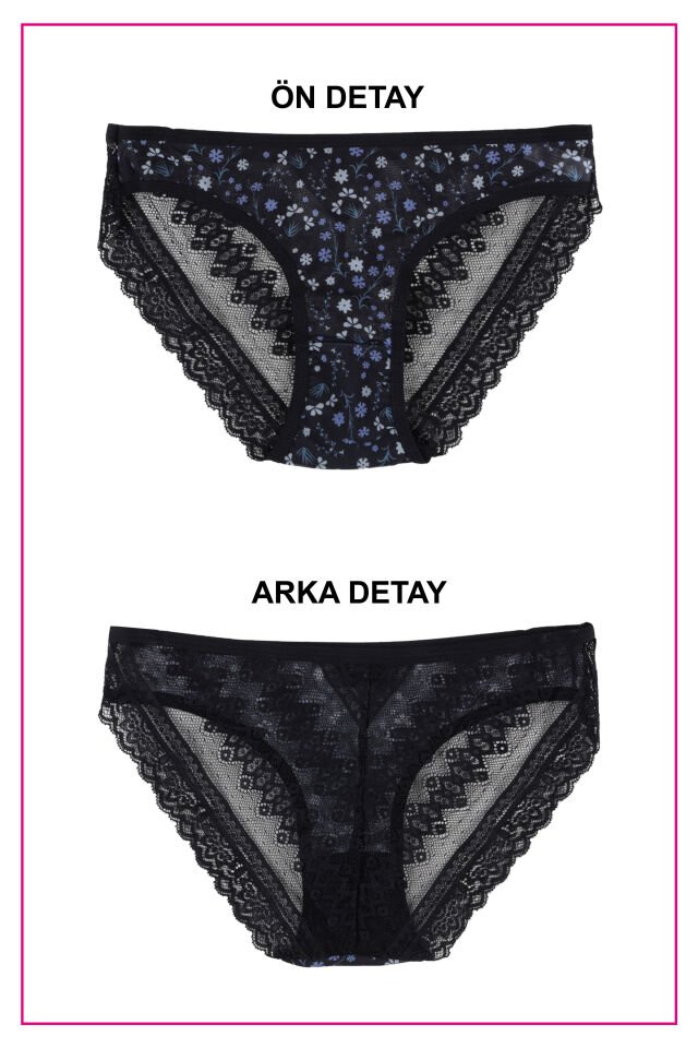 Kadın Çiçekli Destekli/Dolgulu Sütyen Takım Siyah - Mavi - 75B