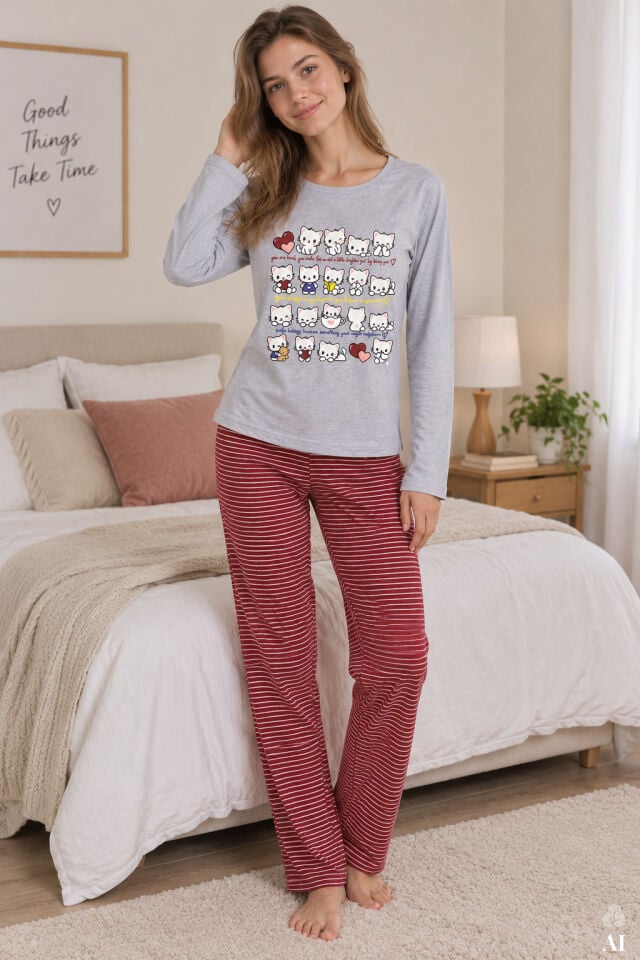 Kadın Çizgili Desenli Kedi Baskılı Pijama Takımı Gri - Kırmızı - XL