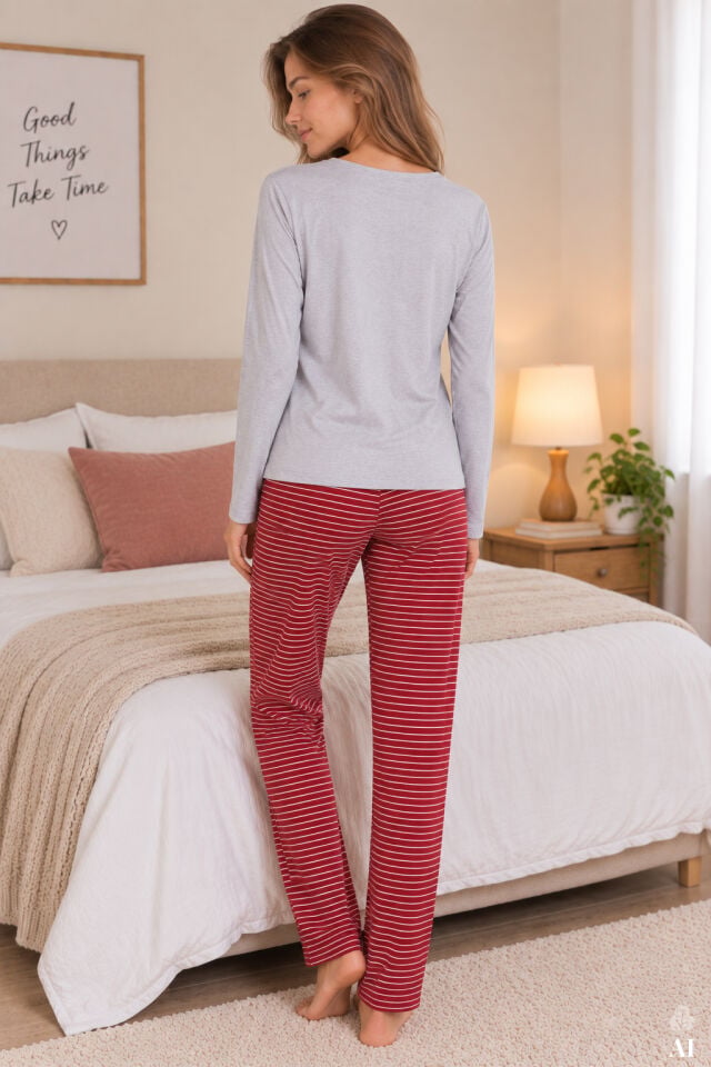Kadın Çizgili Desenli Kedi Baskılı Pijama Takımı Gri - Kırmızı - XL
