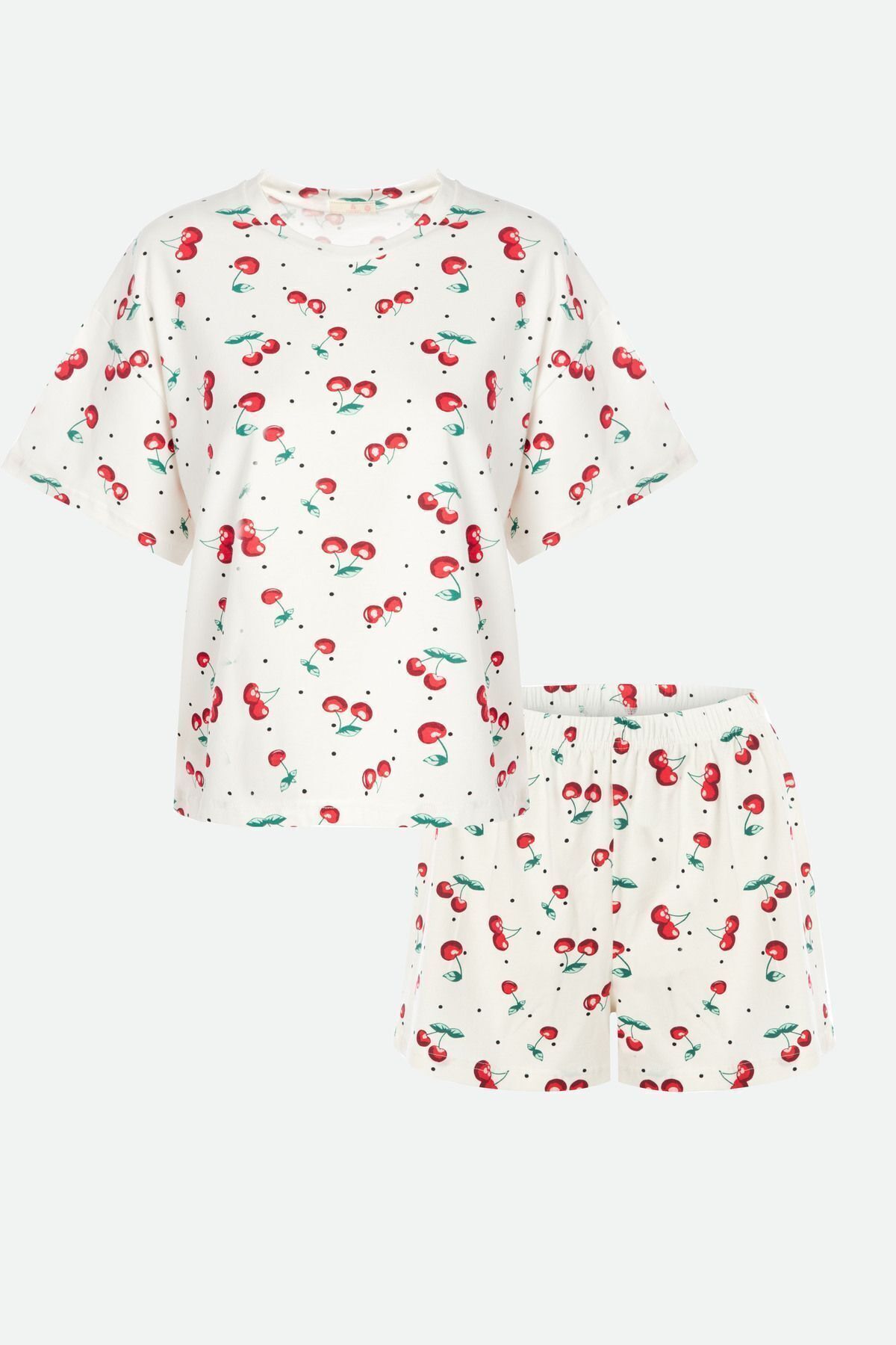 Kadın Kiraz Desenli Kısa Kollu Şortlu Pijama Takımı Çok Renkli - L