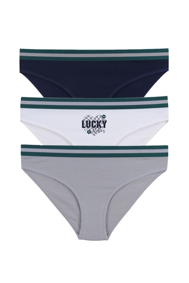 Kadın Pamuklu Beli Lastikli Slip/Külot Lacivert - Ekru - L
