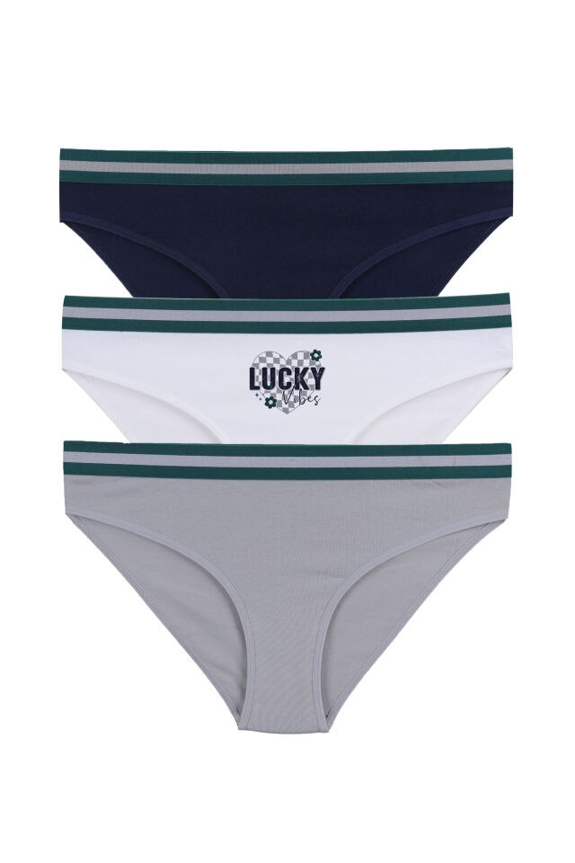 Kadın Pamuklu Beli Lastikli Slip/Külot Lacivert - Ekru - XL