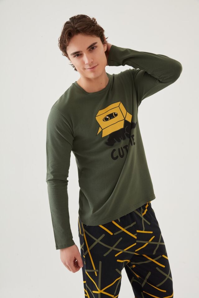 Erkek Pamuklu Uzun Kollu Üst Baskılı Alt Desenli Cepli Pijama Takımı Sarı - Vizon - S