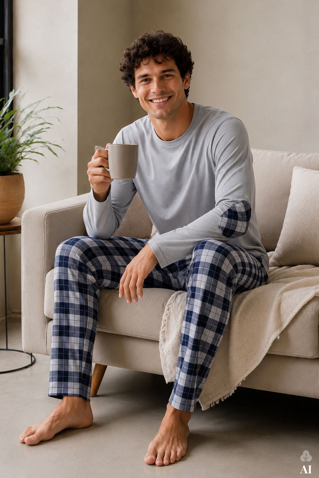Erkek Pamuklu Uzun Kollu Yamalı Ekose Desenli Pijama Takımı Mavi  - Gri - 2XL