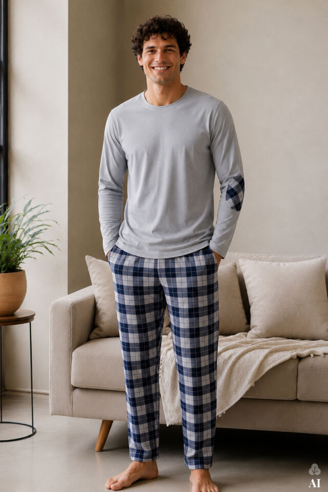 Erkek Pamuklu Uzun Kollu Yamalı Ekose Desenli Pijama Takımı Mavi  - Gri - 2XL