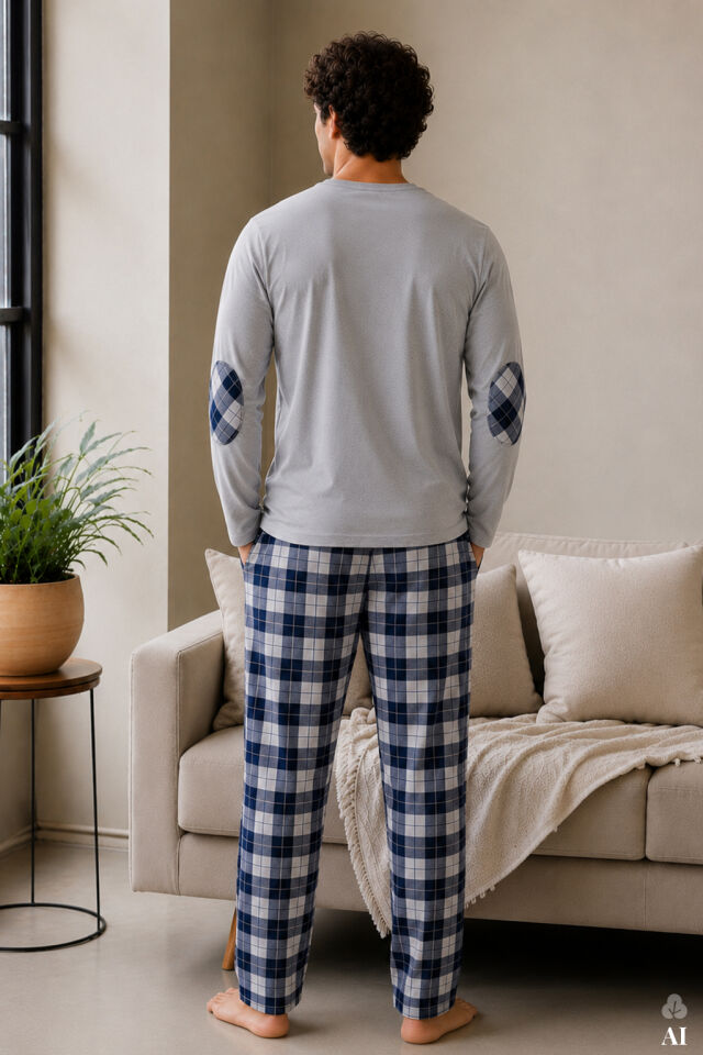 Erkek Pamuklu Uzun Kollu Yamalı Ekose Desenli Pijama Takımı Mavi  - Gri - 2XL