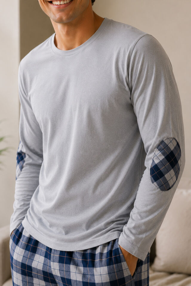 Erkek Pamuklu Uzun Kollu Yamalı Ekose Desenli Pijama Takımı Mavi  - Gri - 2XL