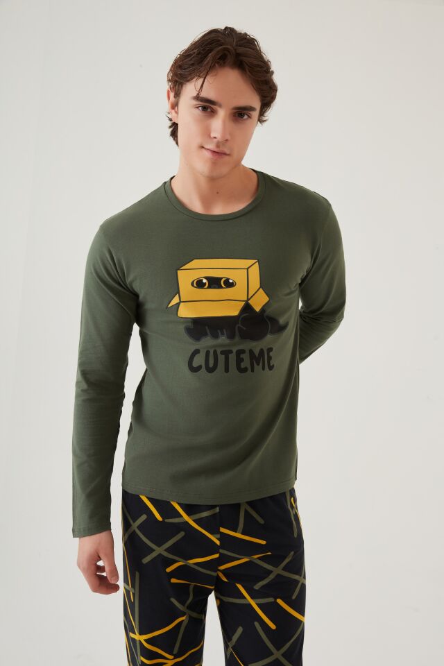 Erkek Pamuklu Uzun Kollu Üst Baskılı Alt Desenli Cepli Pijama Takımı Sarı - Vizon - L