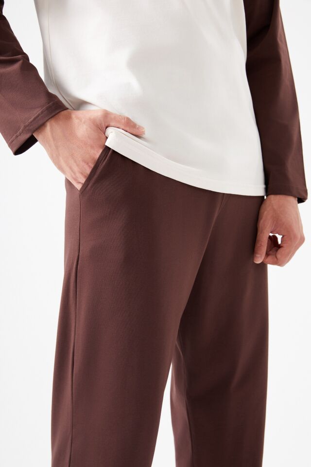 Erkek Pamuklu Uzun Kollu Cepli Pijama Takımı Kahverengi - Ekru - S