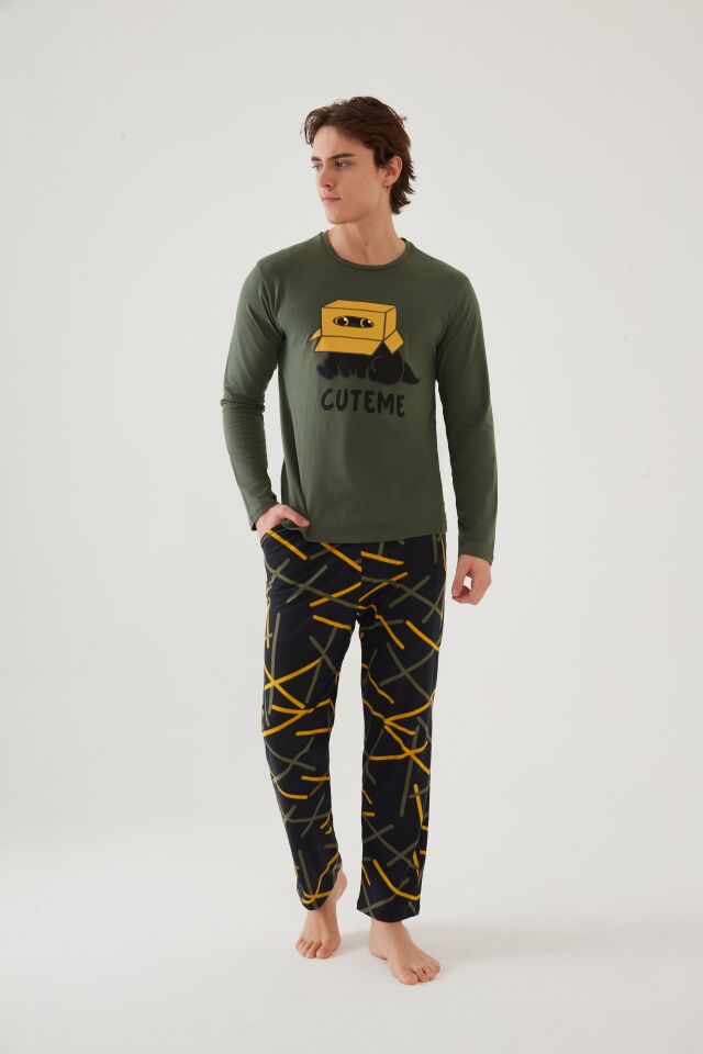Erkek Pamuklu Uzun Kollu Üst Baskılı Alt Desenli Cepli Pijama Takımı Sarı - Vizon - XL