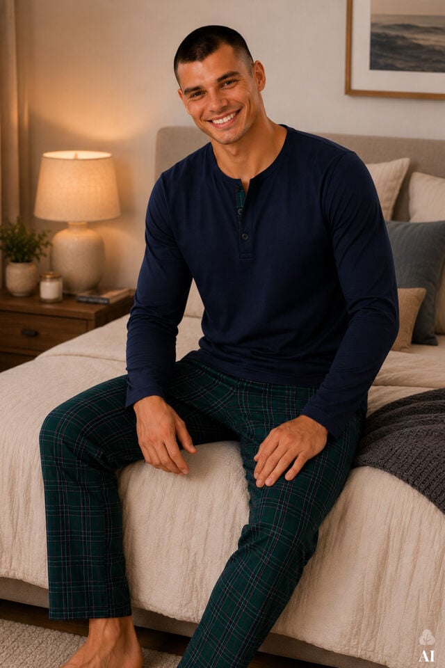 Erkek Pamuklu Uzun Kollu Önü Patlı Ekose Desenli Pijama Takımı Lacivert - Yeşil - L