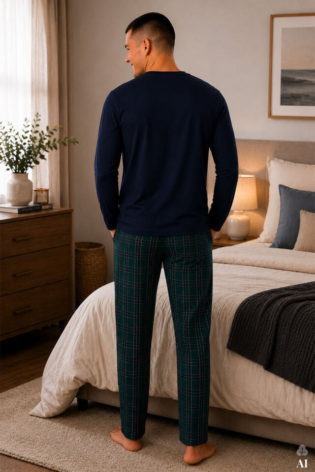 Erkek Pamuklu Uzun Kollu Önü Patlı Ekose Desenli Pijama Takımı Lacivert - Yeşil - L