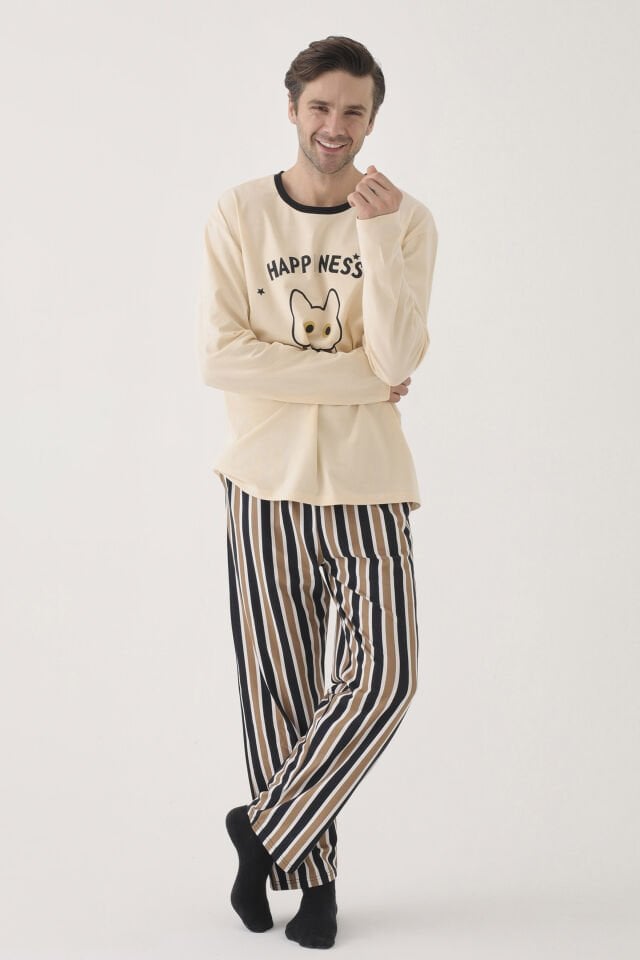 Erkek Pamuklu Uzun Kollu Üst Baskılı Alt Çizgili Cep Detaylı Pijama Takımı Siyah - Kahverengi - S