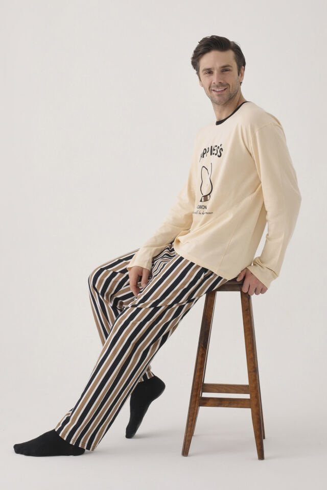 Erkek Pamuklu Uzun Kollu Üst Baskılı Alt Çizgili Cep Detaylı Pijama Takımı Siyah - Kahverengi - S