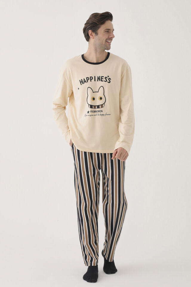 Erkek Pamuklu Uzun Kollu Üst Baskılı Alt Çizgili Cep Detaylı Pijama Takımı Siyah - Kahverengi - 2XL