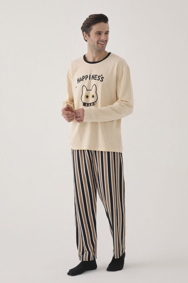 Erkek Pamuklu Uzun Kollu Üst Baskılı Alt Çizgili Cep Detaylı Pijama Takımı Siyah - Kahverengi - 2XL