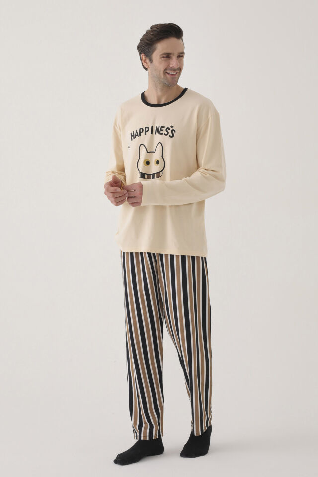 Erkek Pamuklu Uzun Kollu Üst Baskılı Alt Çizgili Cep Detaylı Pijama Takımı Siyah - Kahverengi - 2XL