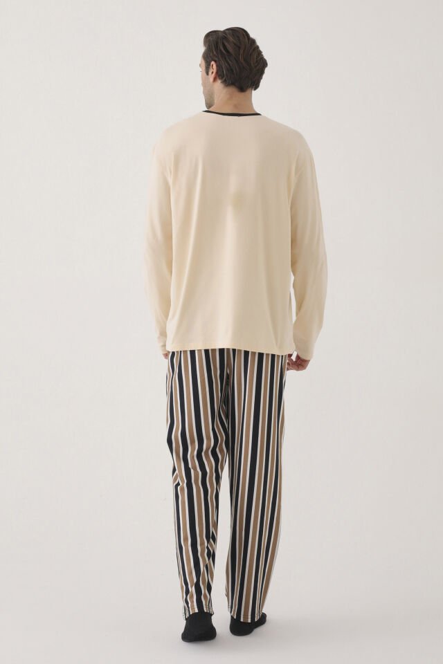 Erkek Pamuklu Uzun Kollu Üst Baskılı Alt Çizgili Cep Detaylı Pijama Takımı Siyah - Kahverengi - 2XL