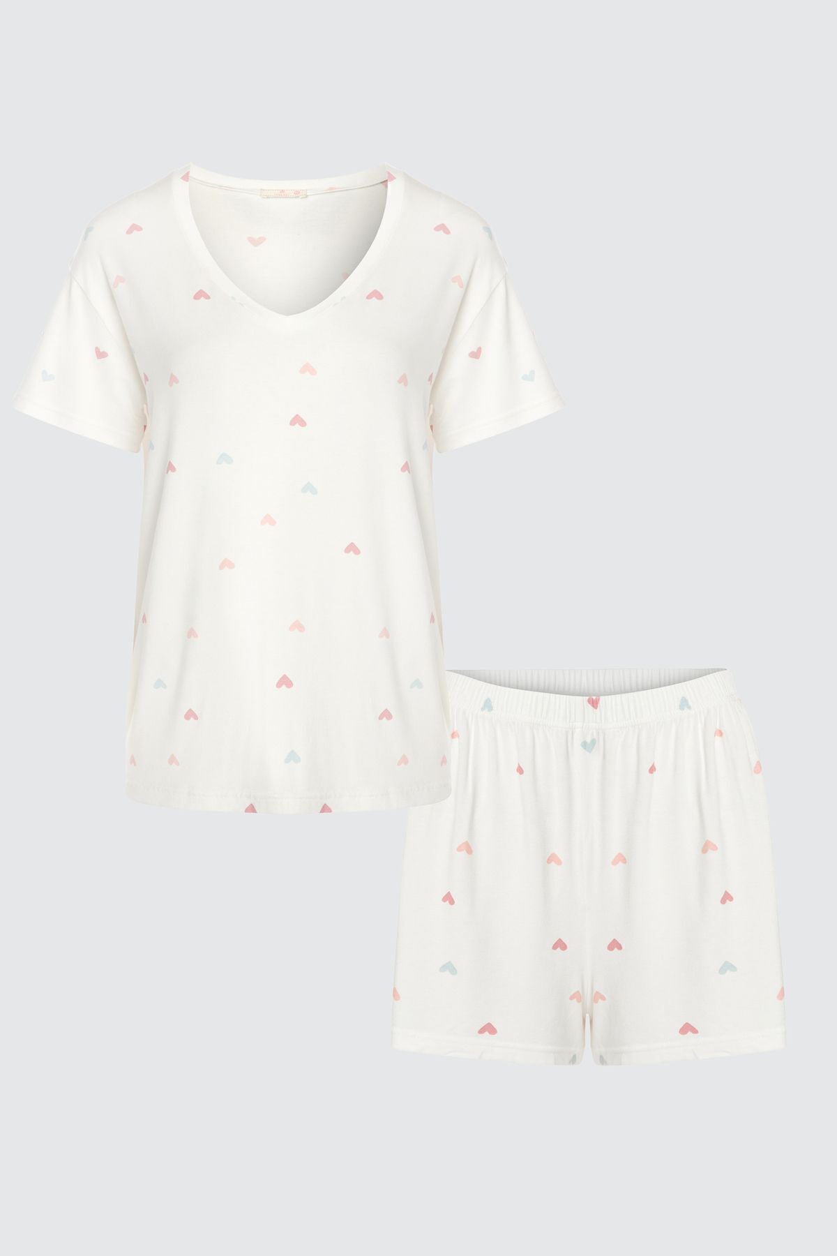Kadın Kısa Kollu Viskon Kalp Desenli Şortlu Pijama Takımı KO70101 Kalp Desen - XL