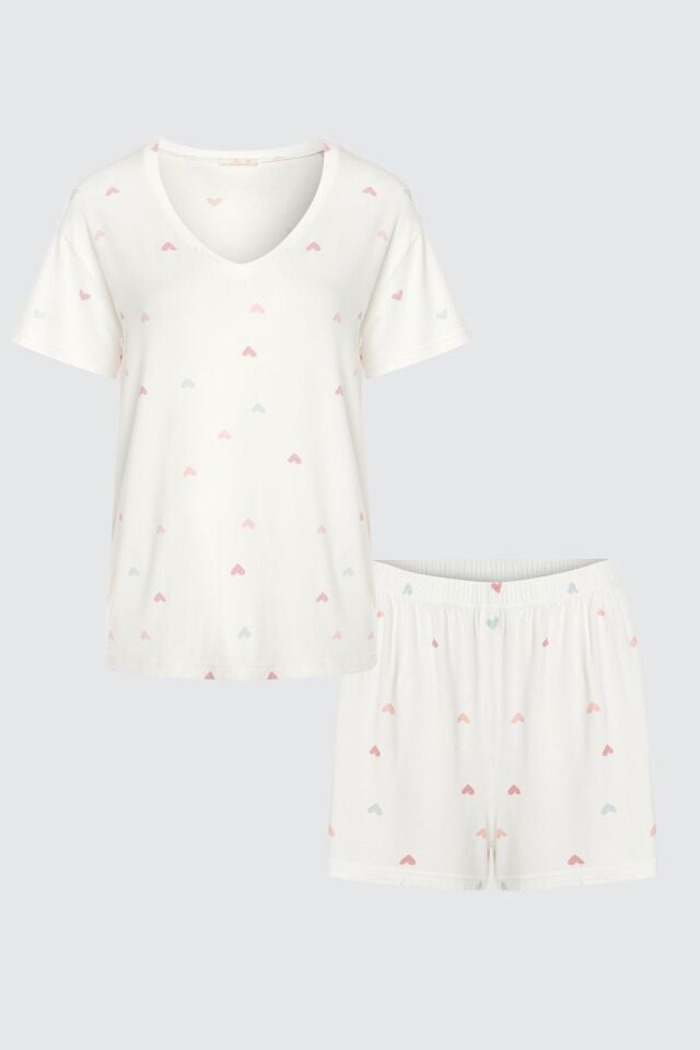 Kadın Kısa Kollu Viskon Kalp Desenli Şortlu Pijama Takımı KO70101 Kalp Desen - XL