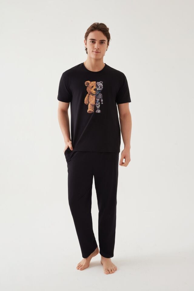 Erkek Pamuklu Kısa Kollu Üst Robot Baskılı Cep Detaylı Pijama Takımı Kahverengi - Siyah - M