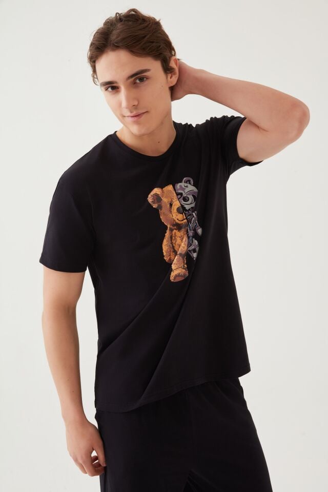 Erkek Pamuklu Kısa Kollu Üst Robot Baskılı Cep Detaylı Pijama Takımı Kahverengi - Siyah - M