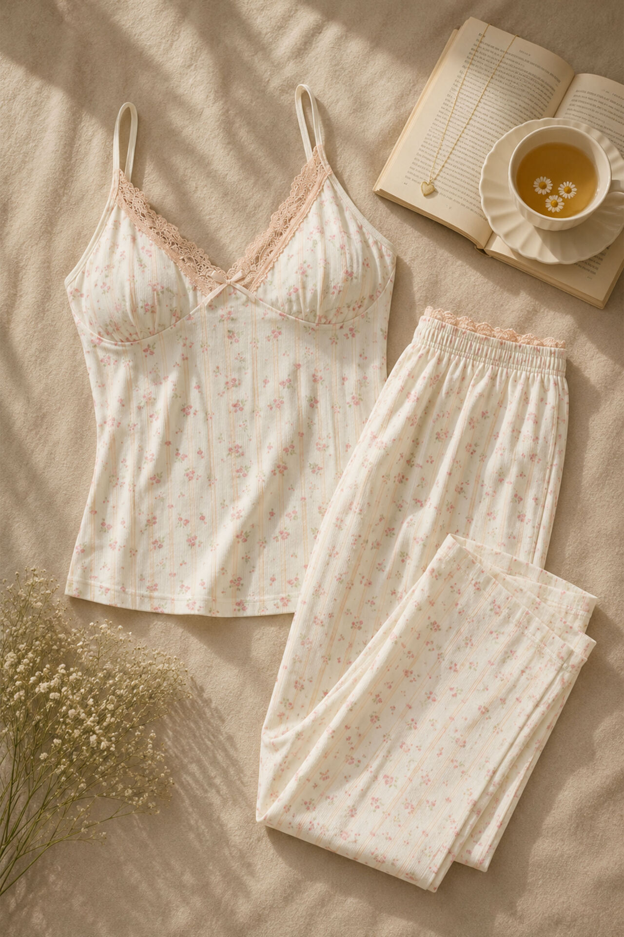 Kadın Pamuklu Kaplı Askılı Dantelli Pijama Takımı Pembe - Ekru - S