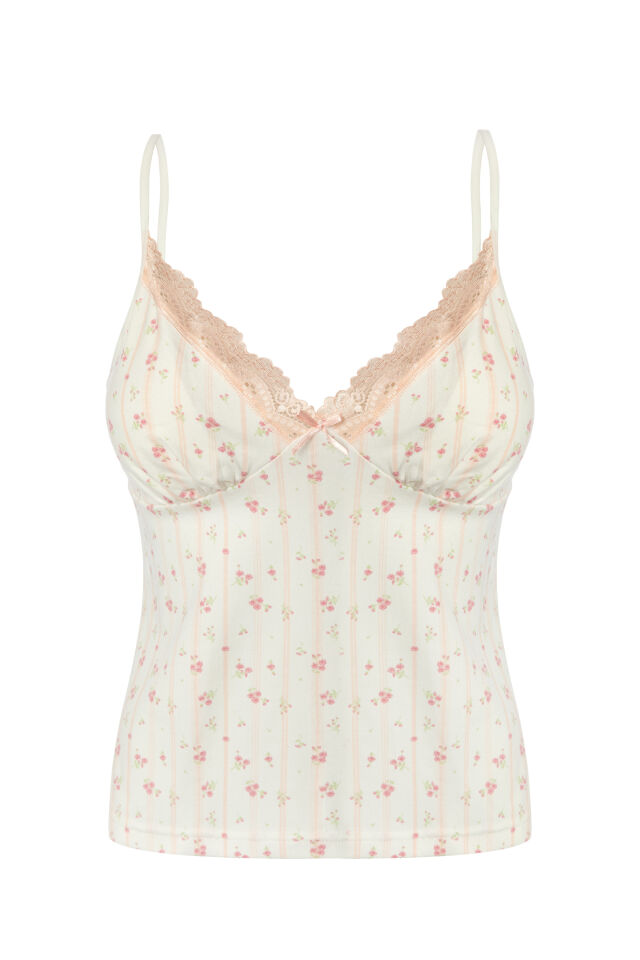 Kadın Pamuklu Kaplı Askılı Dantelli Pijama Takımı Pembe - Ekru - S