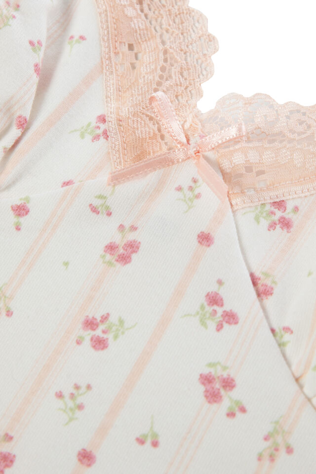Kadın Pamuklu Kaplı Askılı Dantelli Pijama Takımı Pembe - Ekru - S