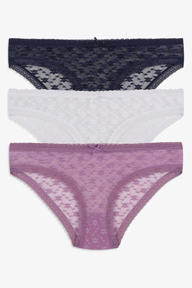 Kadın 3'lü Dantelli Külot 11071-8Lacibeyazglkurusu - L/XL