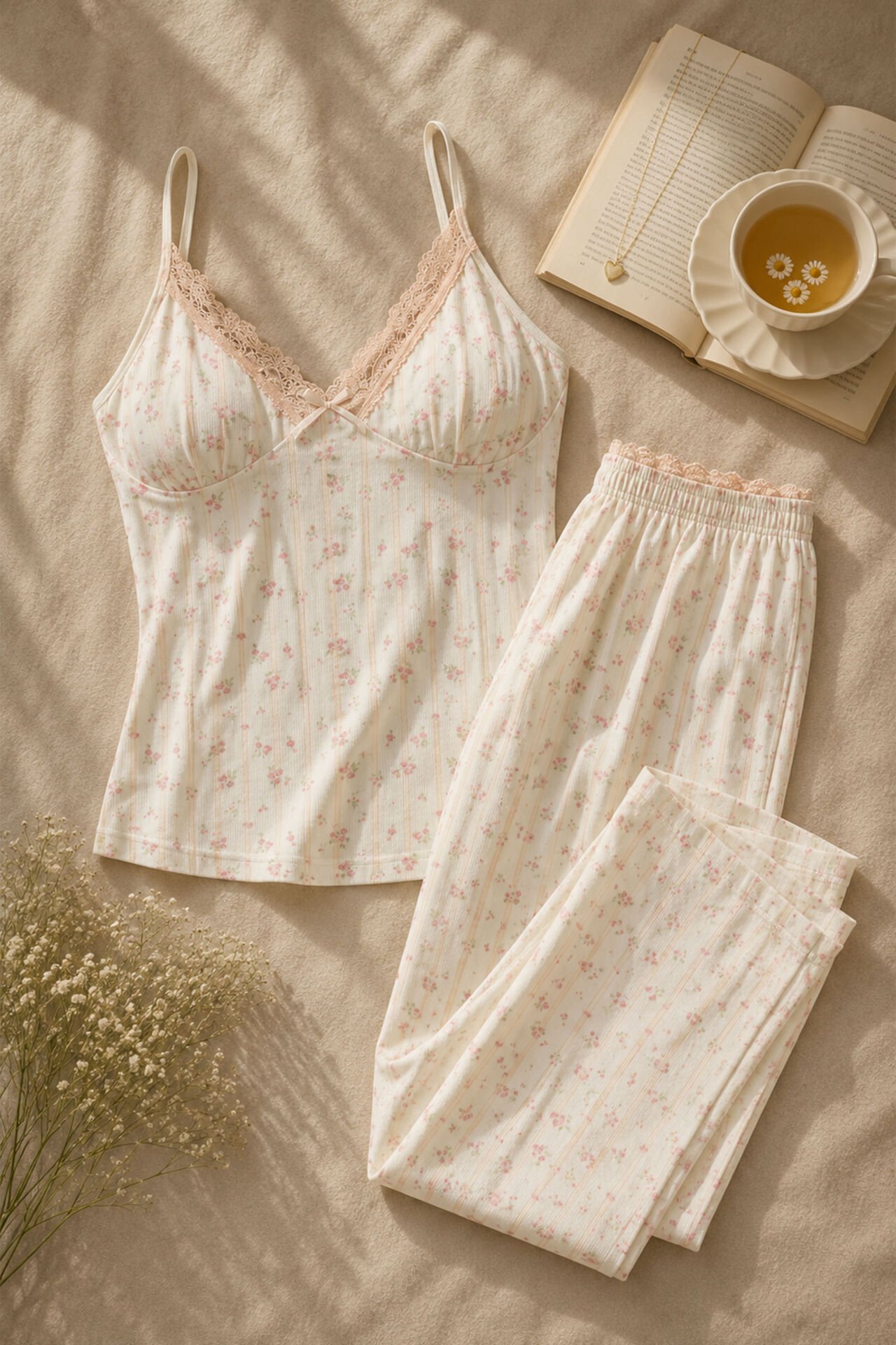 Kadın Pamuklu Kaplı Askılı Dantelli Pijama Takımı Pembe - Ekru - L