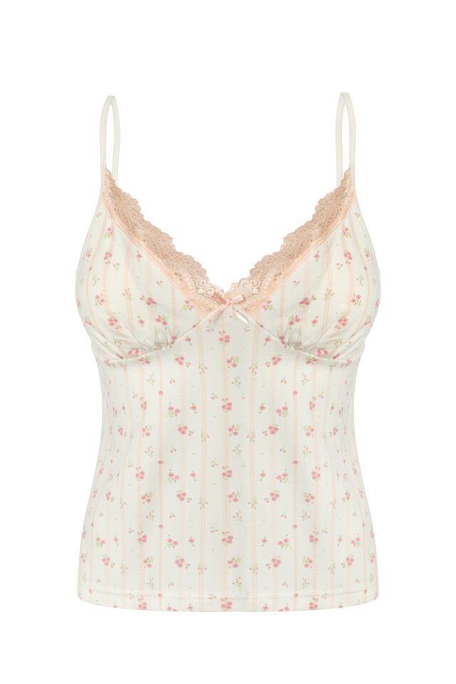 Kadın Pamuklu Kaplı Askılı Dantelli Pijama Takımı Pembe - Ekru - L