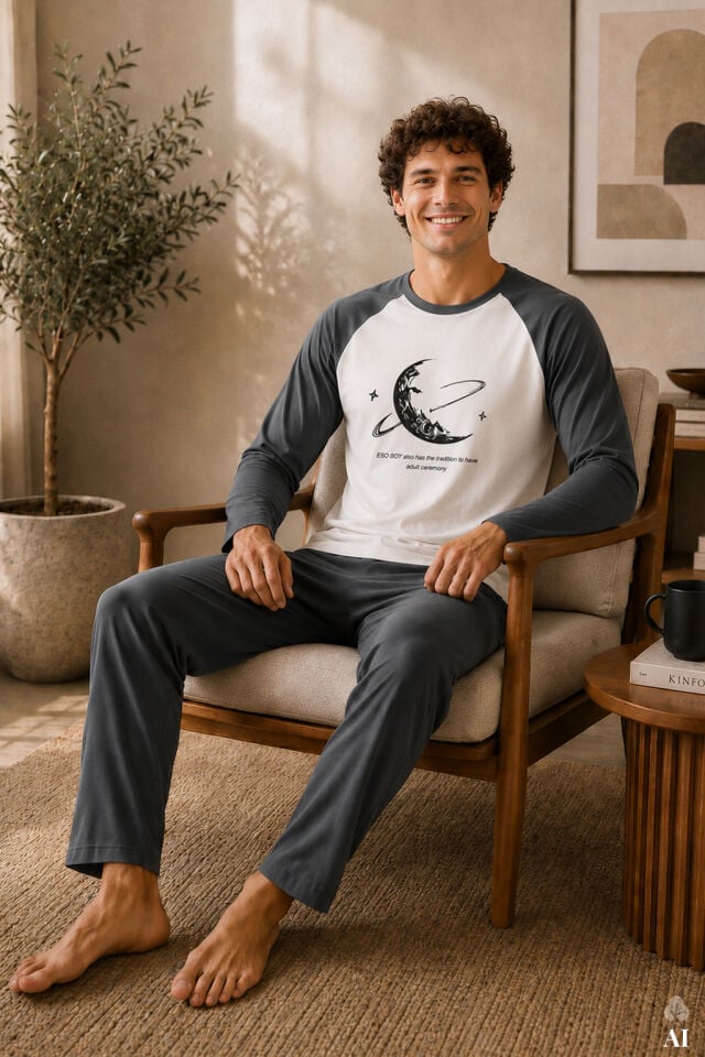 Erkek Pamuklu Uzun Kollu Cepli Pijama Takımı Gri -  Beyaz - 2XL