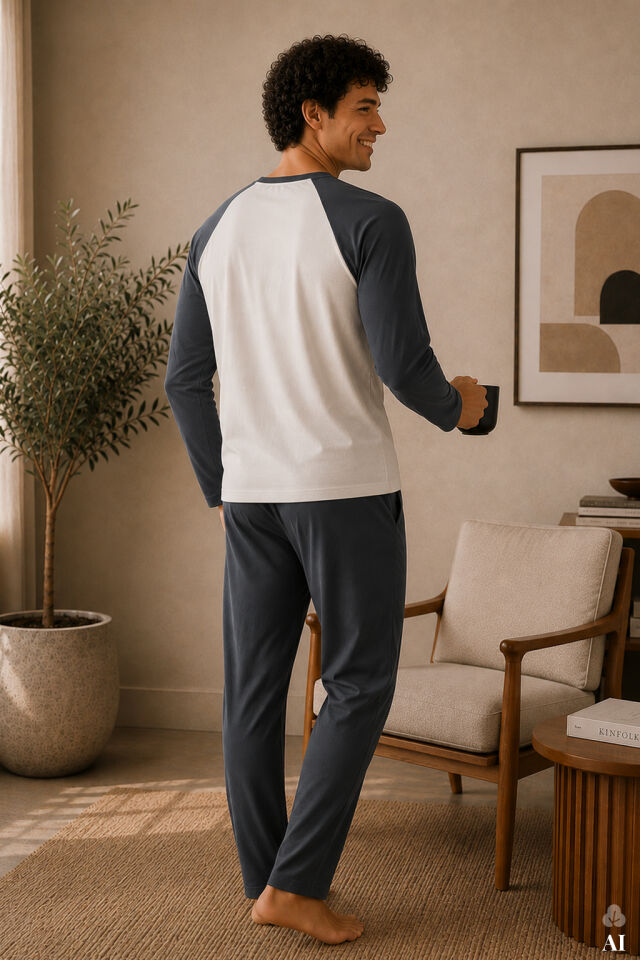 Erkek Pamuklu Uzun Kollu Cepli Pijama Takımı Gri -  Beyaz - 2XL