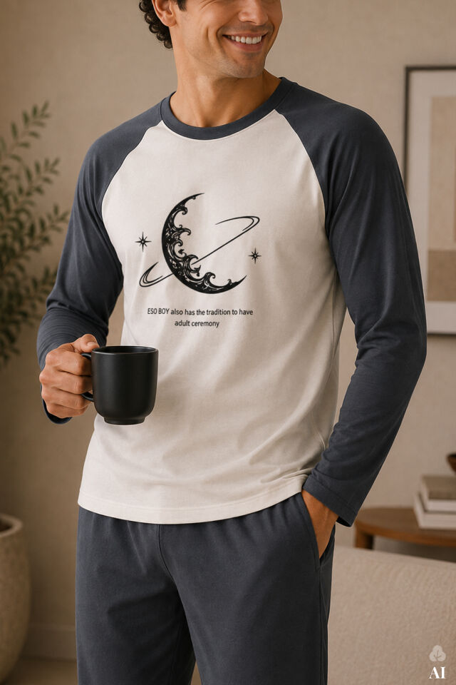 Erkek Pamuklu Uzun Kollu Cepli Pijama Takımı Gri -  Beyaz - 2XL