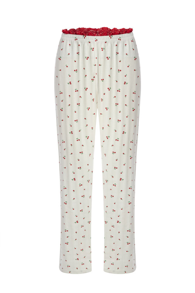 Kadın Pamuklu Kaplı Askılı Dantelli Pijama Takımı Kırmızı -   Ekru - M