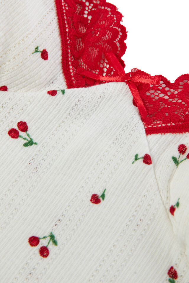 Kadın Pamuklu Kaplı Askılı Dantelli Pijama Takımı Kırmızı -   Ekru - M