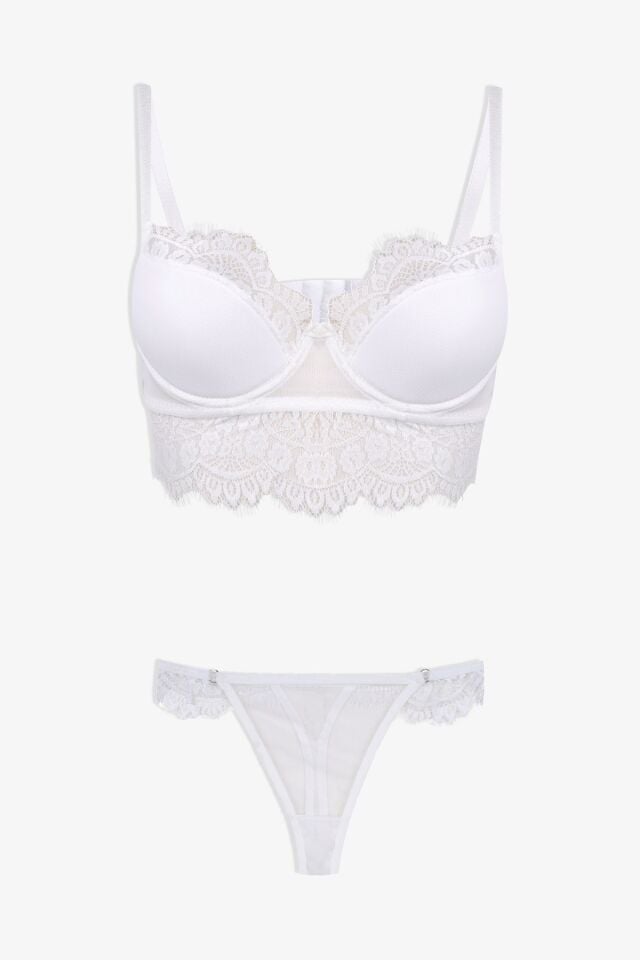 Dantelli Tüllü Sütyen Takım Ekru - 85B