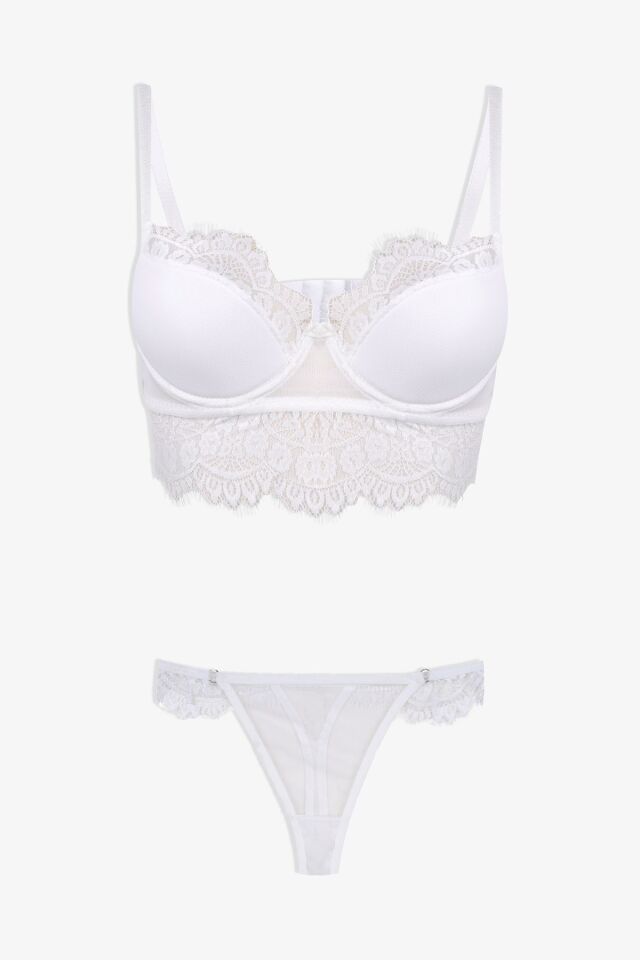 Dantelli Tüllü Sütyen Takım Ekru - 85B