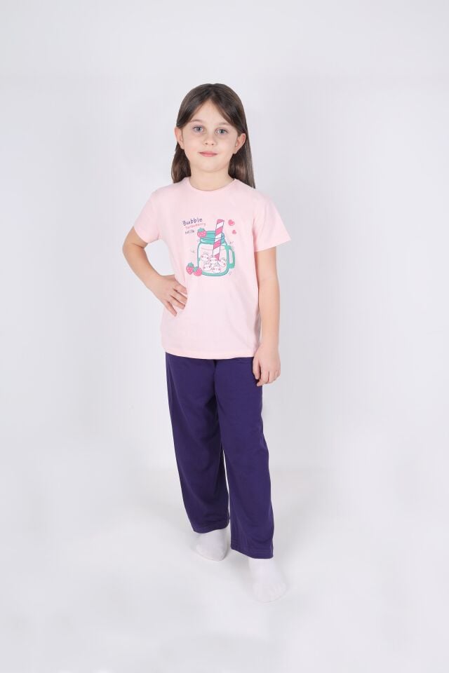 Kız Çocuk Pamuklu Kısa Kollu Baskılı Pijama Takımı Pembe - Mavi - 5-6 Yaş
