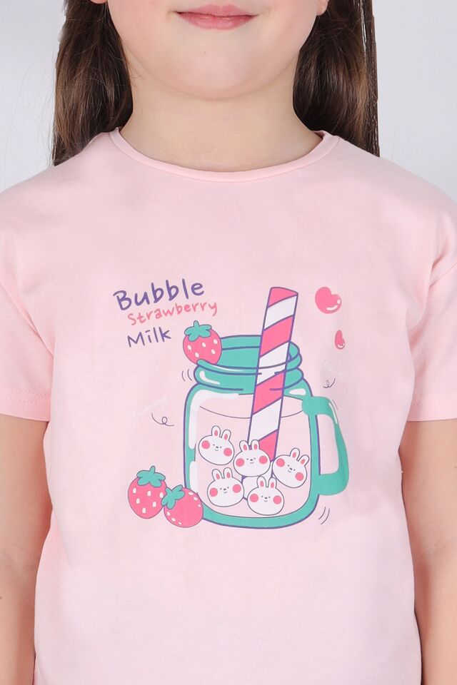 Kız Çocuk Pamuklu Kısa Kollu Baskılı Pijama Takımı Pembe - Mavi - 5-6 Yaş