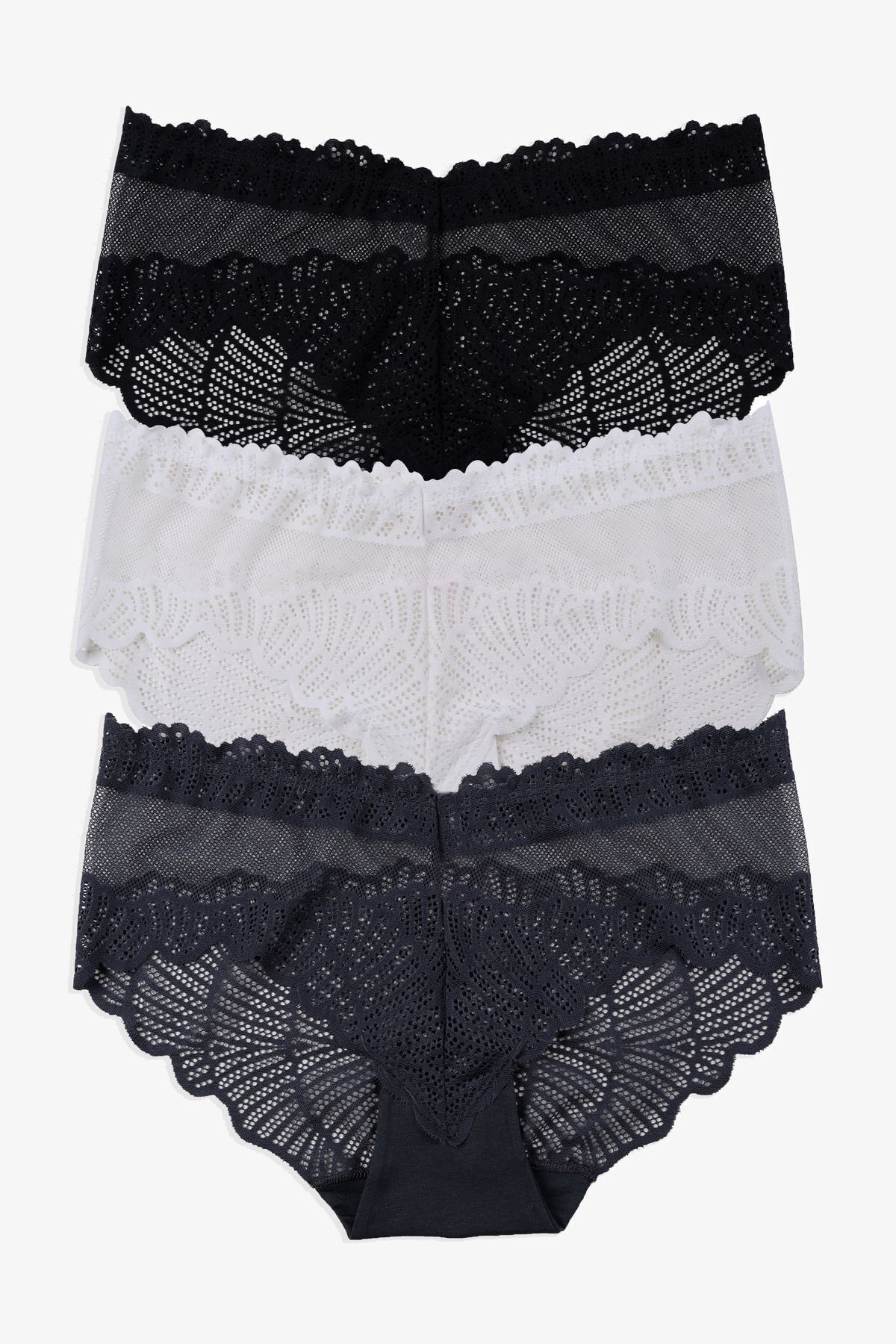 Kadın 3'lü Dantelli Külot Siyahbeyazfüme - M